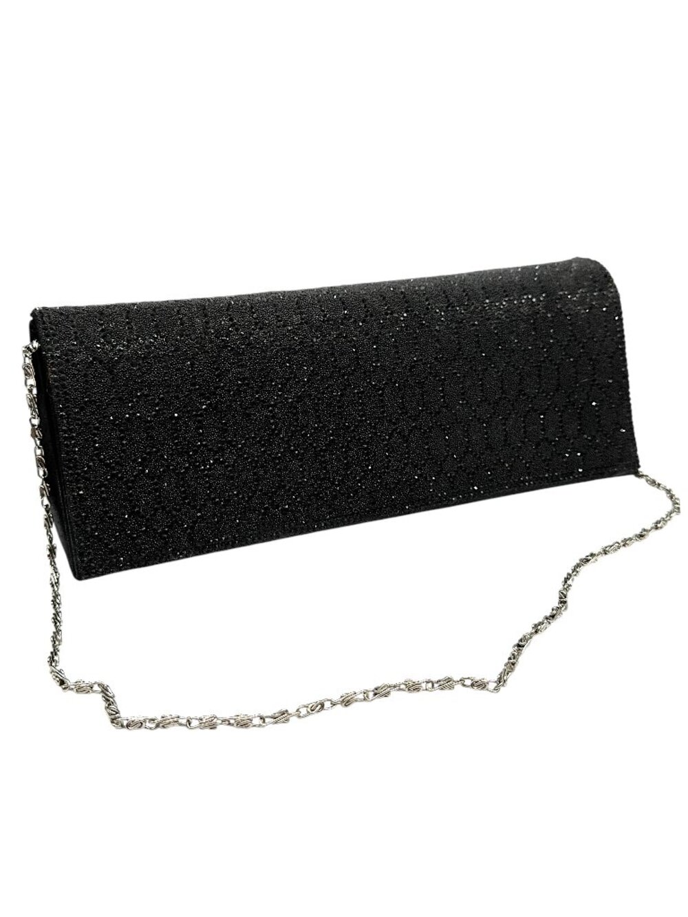 Evening or Wedding Shoulder Bag Purse Black Sparkles Metal Silver Chain